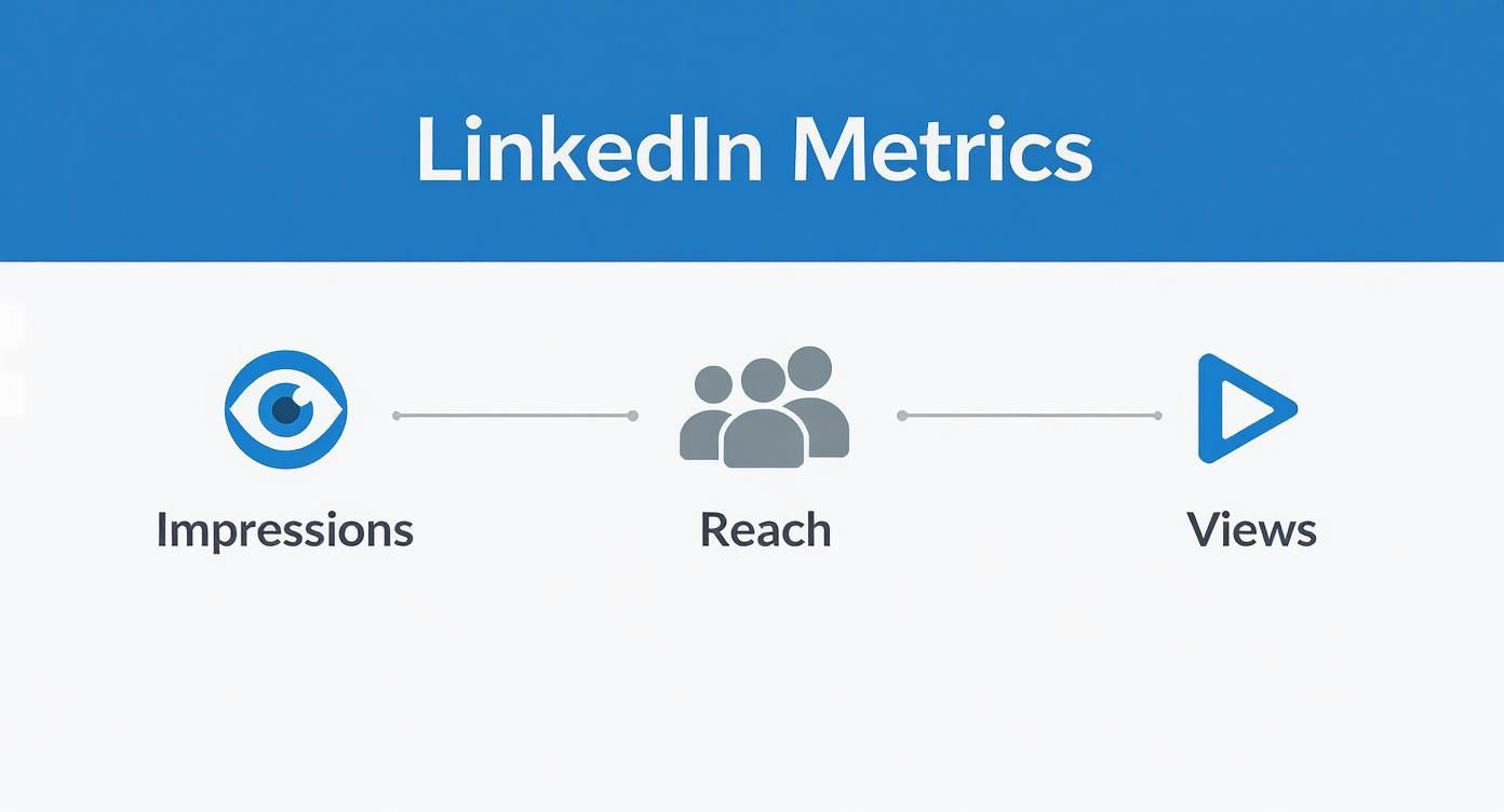 A diagram illustrating LinkedIn metrics progression: Impressions, Reach, and Views, each with a descriptive icon.