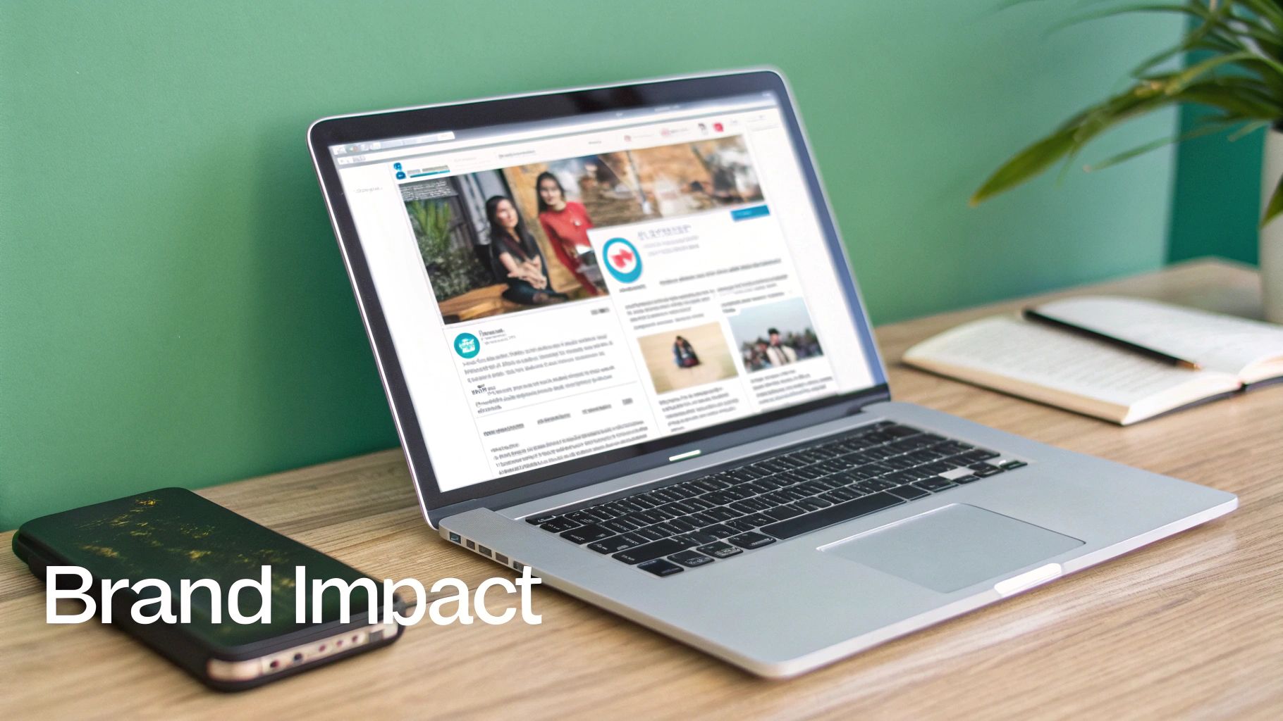 A laptop on a wooden desk displays a LinkedIn social media feed, with a smartphone and notebook nearby.