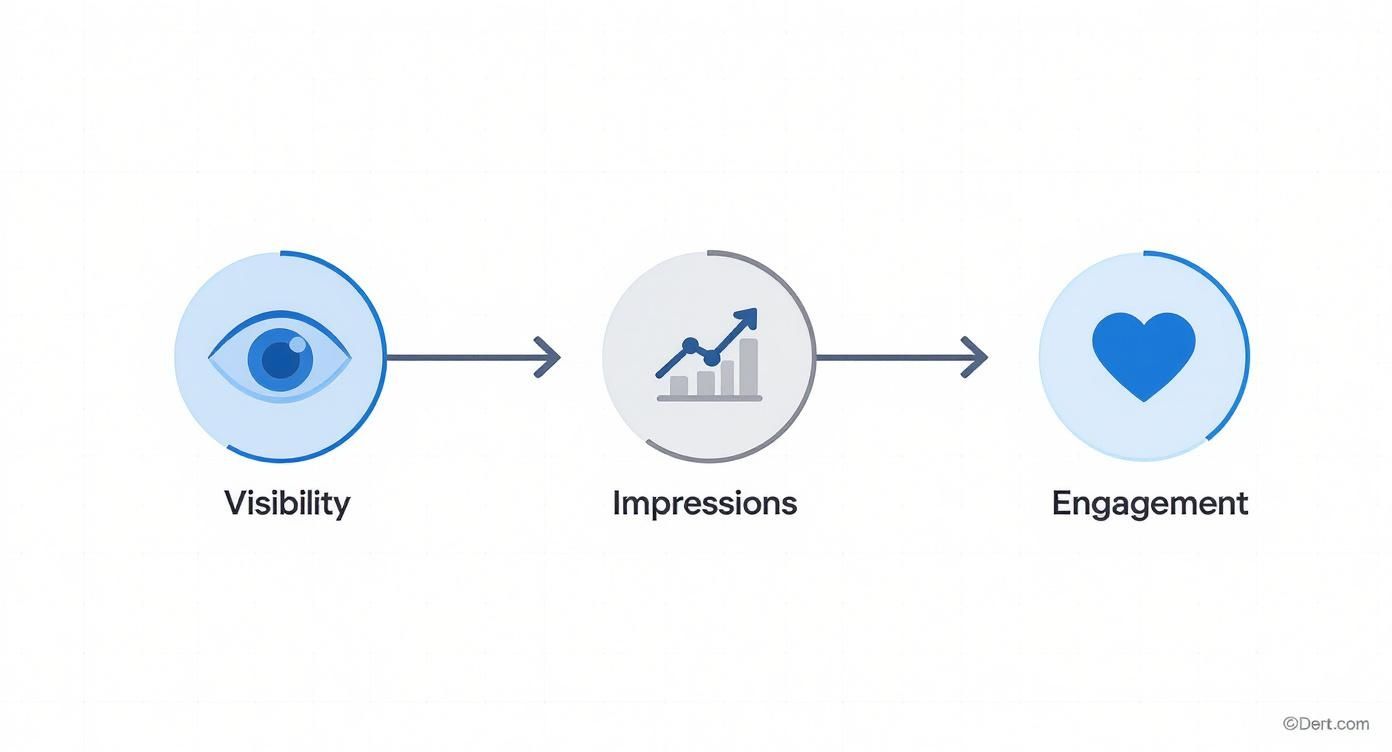 A diagram illustrating marketing metrics progression: eye icon for Visibility, chart for Impressions, and heart for Engagement.