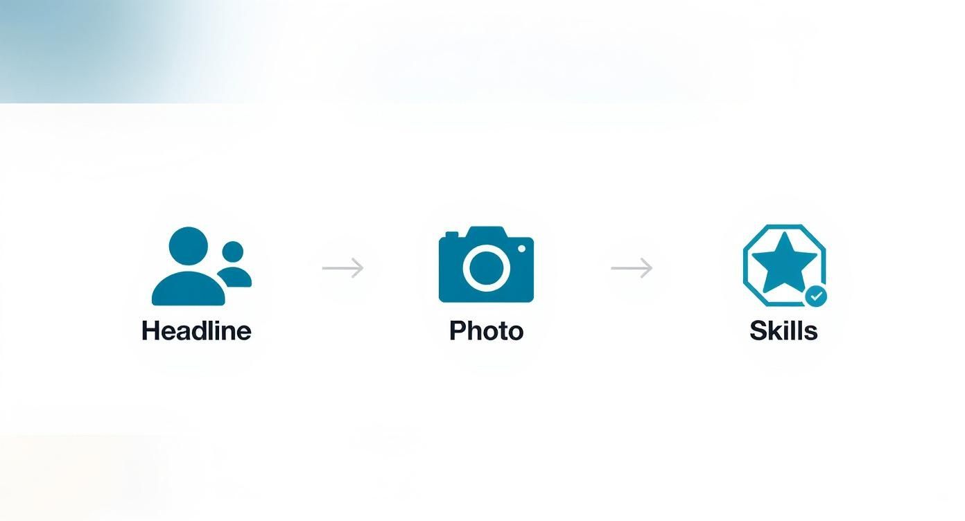LinkedIn profile completion workflow showing three steps: headline, photo, and skills verification icons