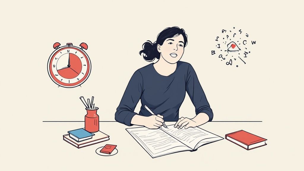 A person sitting at a desk with a laptop, looking thoughtful while a hand-drawn doodle of a critical face hovers over their shoulder.