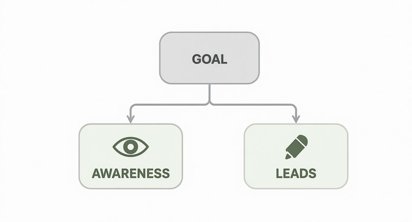 Content marketing goal flowchart showing awareness and leads strategy with eye and marker icons