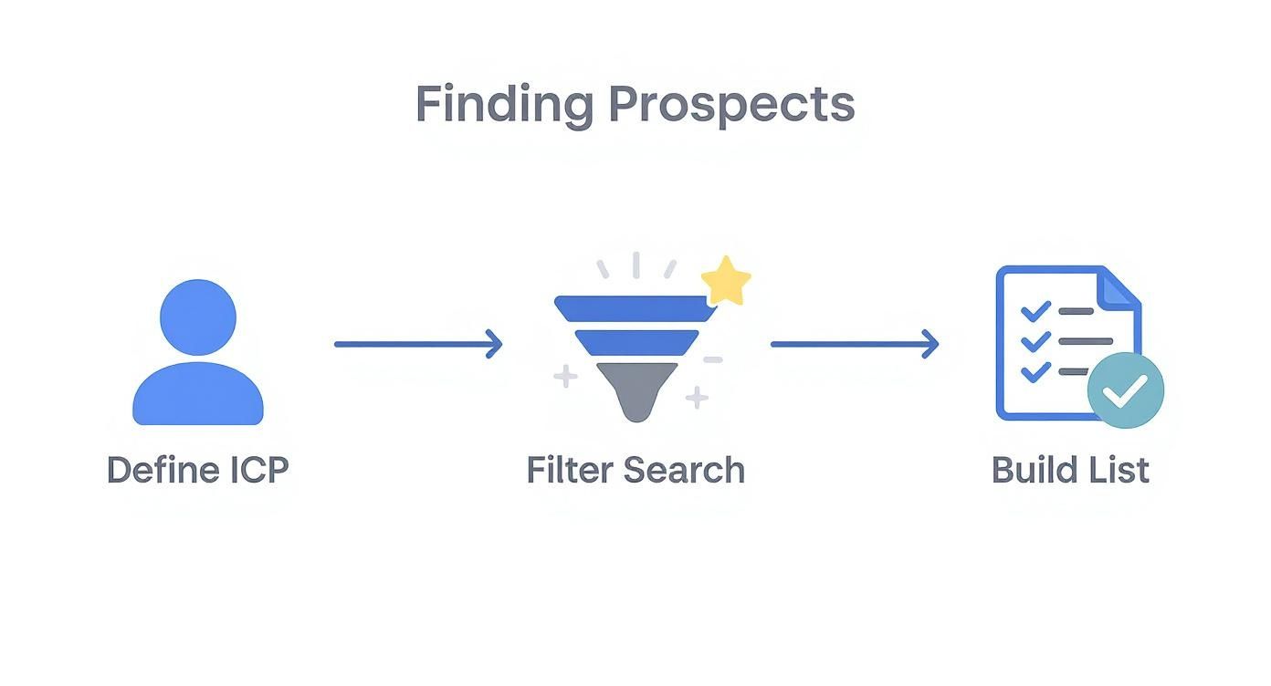 Infographic showing the process of defining an ICP, filtering searches, and building a prospect list.