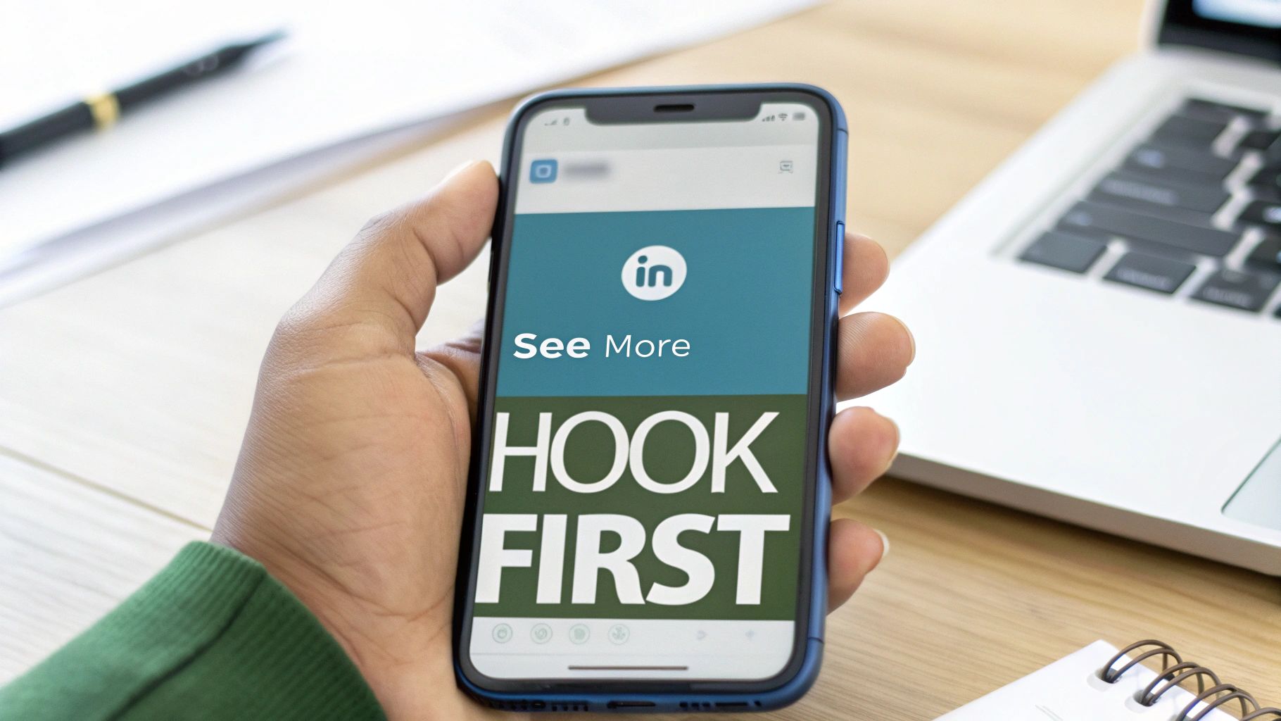 A person writing in a notebook, symbolizing the craft of creating a compelling opening line for a LinkedIn post.