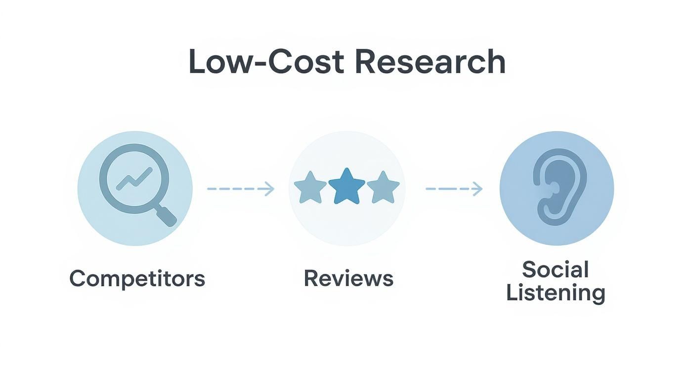 Flowchart illustrating three low-cost research strategies: competitors, reviews, and social listening.