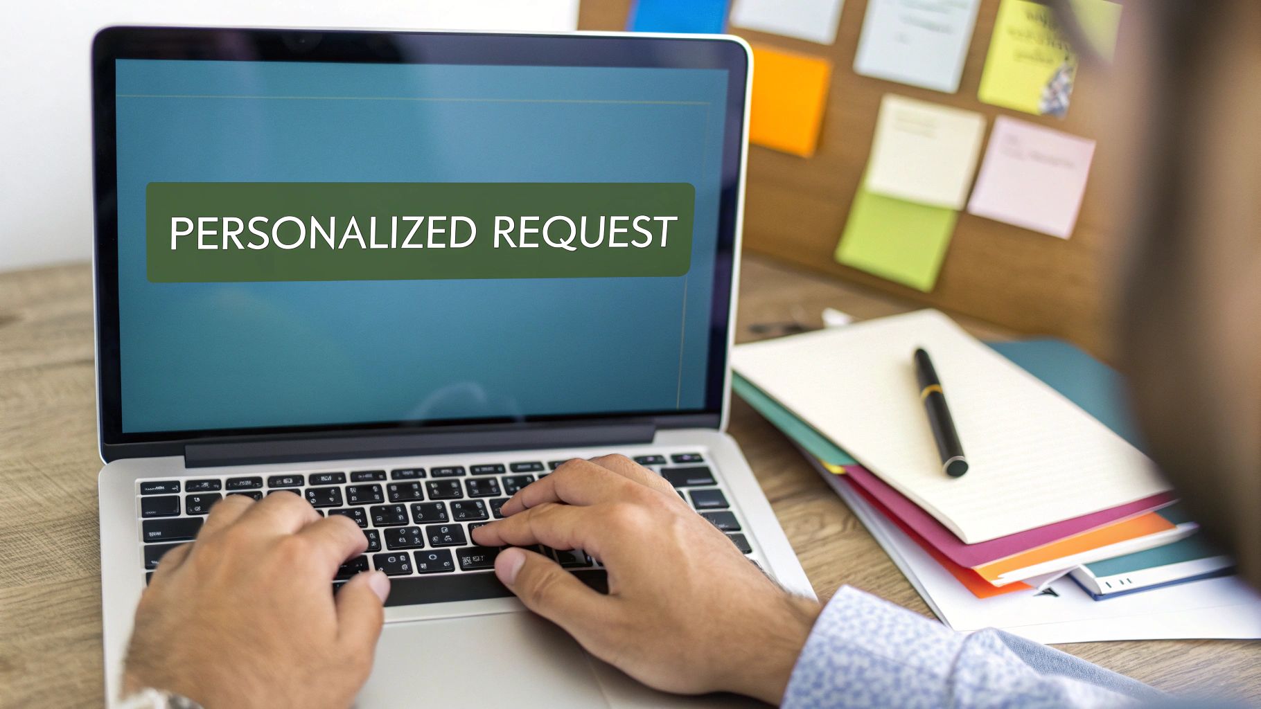 A person's hands typing on a laptop keyboard with 'PERSONALIZED REQUEST' displayed on the screen.