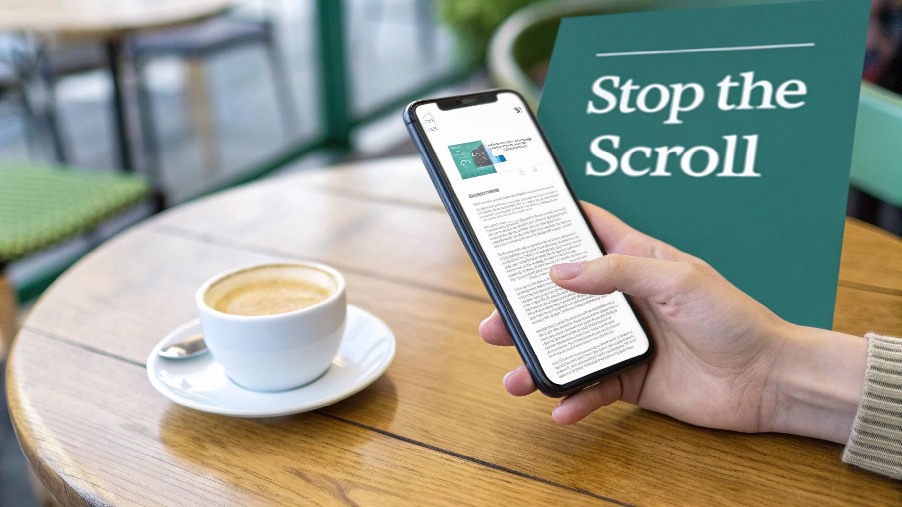 A hand holds a smartphone displaying an article, next to a coffee cup on a wooden table, with a 'Stop the Scroll' sign in the background.