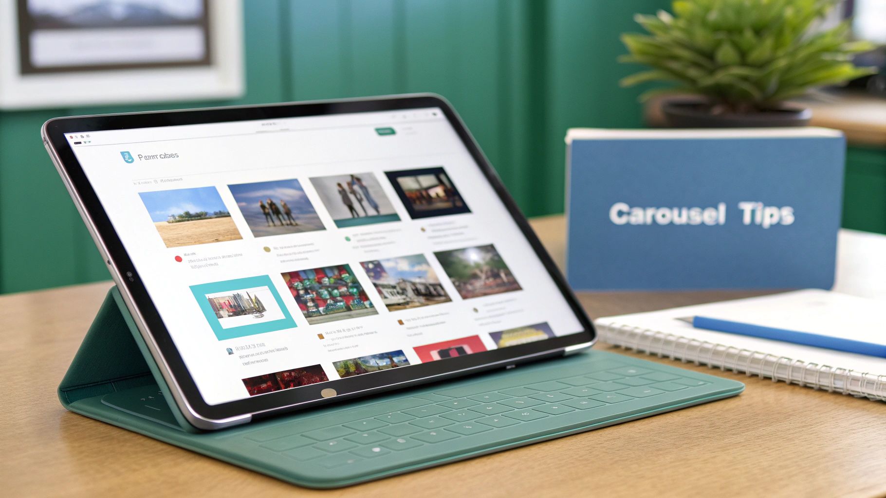 An iPad Pro displaying a gallery of images, with a blue box labeled 'Carousel Tips' in the background.