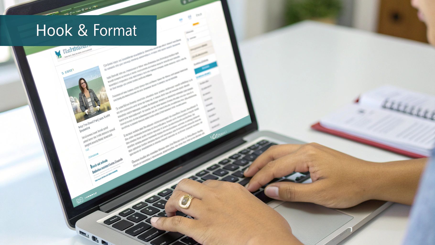 A person typing on a laptop with a focused expression, representing content creation for LinkedIn.