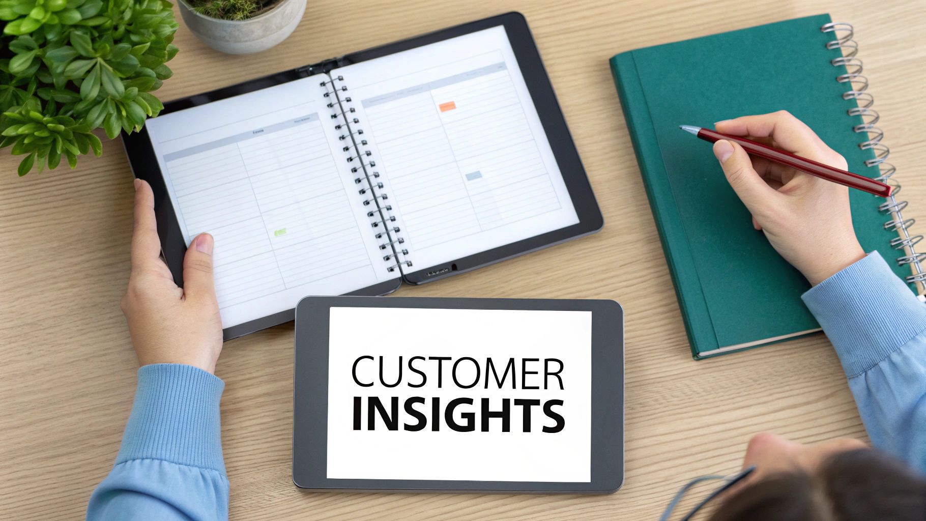 Overhead view of a person working at a desk with a tablet displaying 'CUSTOMER INSIGHTS' and writing in a notebook.