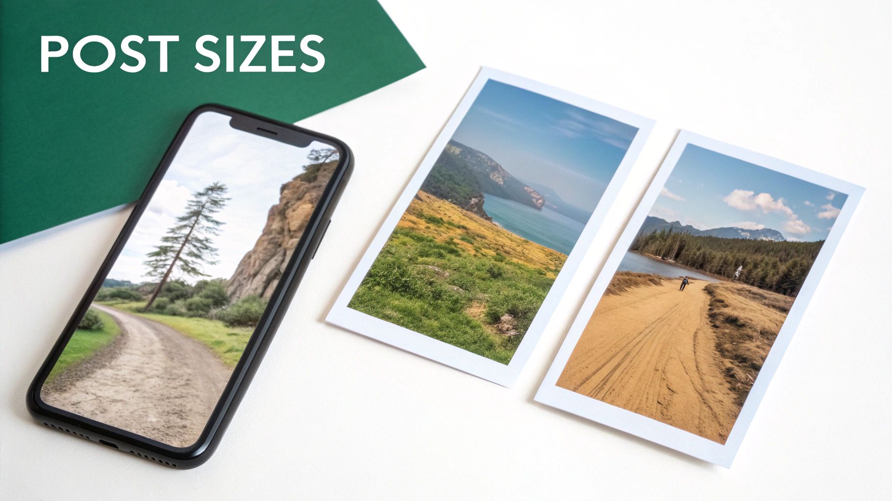 Smartphone and printed photos displaying landscape images demonstrating various social media post sizes