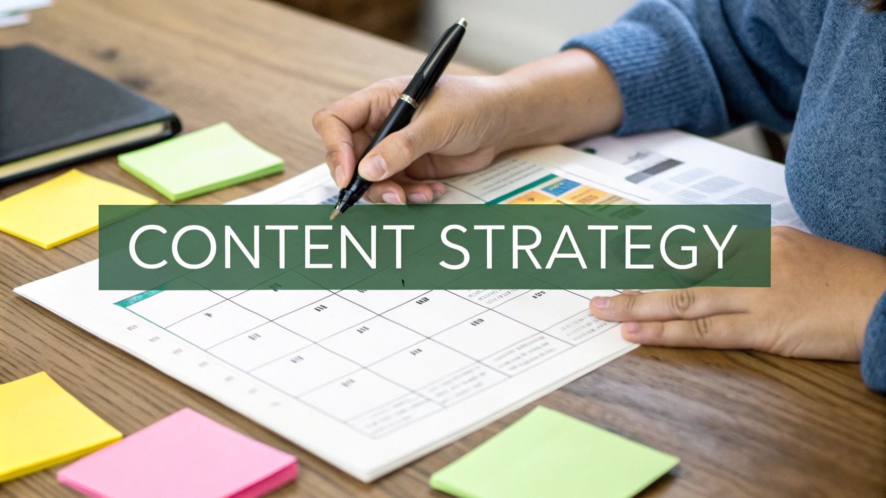 Person writing on content strategy calendar with colorful sticky notes on wooden desk