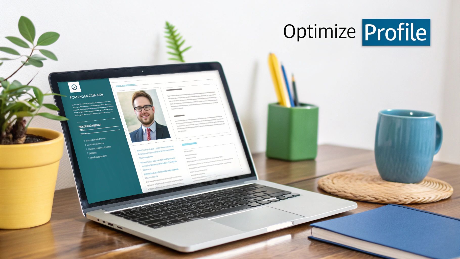 Professional LinkedIn profile resume displayed on laptop screen showing optimize profile message and professional headshot