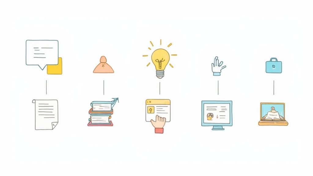 An individual sketching out a content plan in a notebook, with a laptop and coffee nearby, symbolizing thoughtful creation.