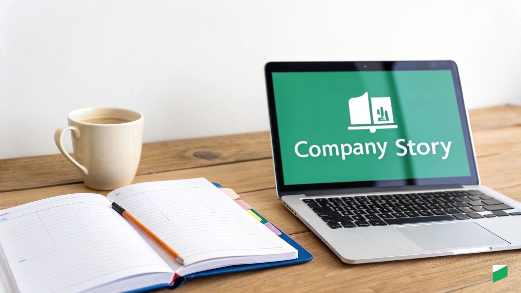 A laptop showing 'company story' on its screen next to an open notebook and coffee on a wooden desk.
