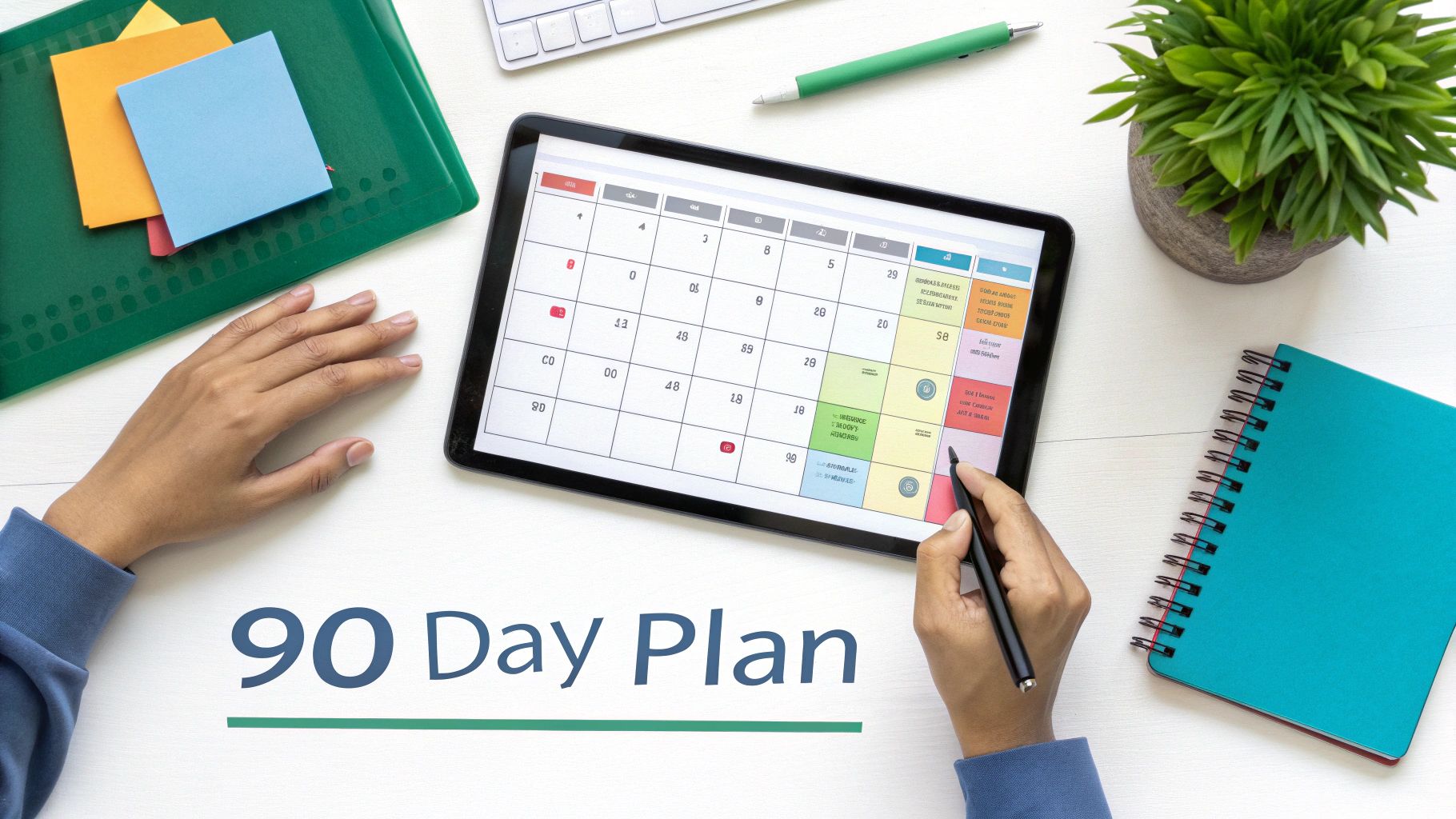 A person planning a 90-day plan on a tablet with a digital calendar, surrounded by office supplies.