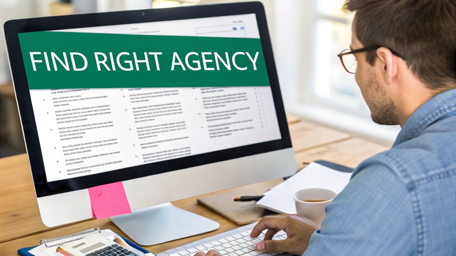 A person works at a computer, researching to 'find right agency' online for business needs.