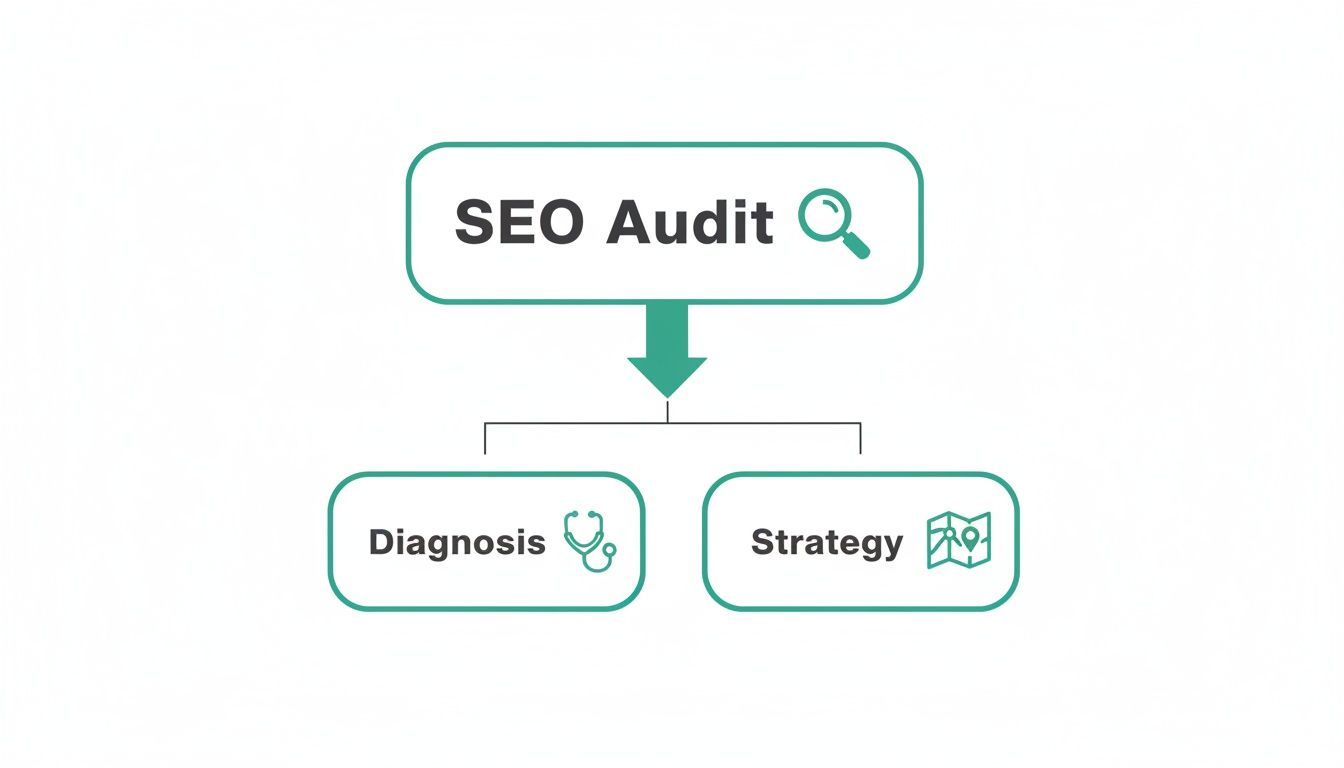 Flowchart illustrating the seo audit process, breaking it down into diagnosis and strategy.
