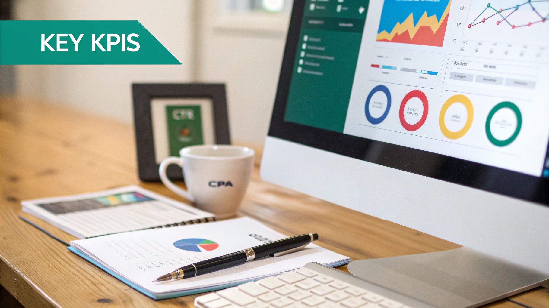 Desk with a computer displaying business analytics, charts, and key performance indicators, next to a notebook and coffee.