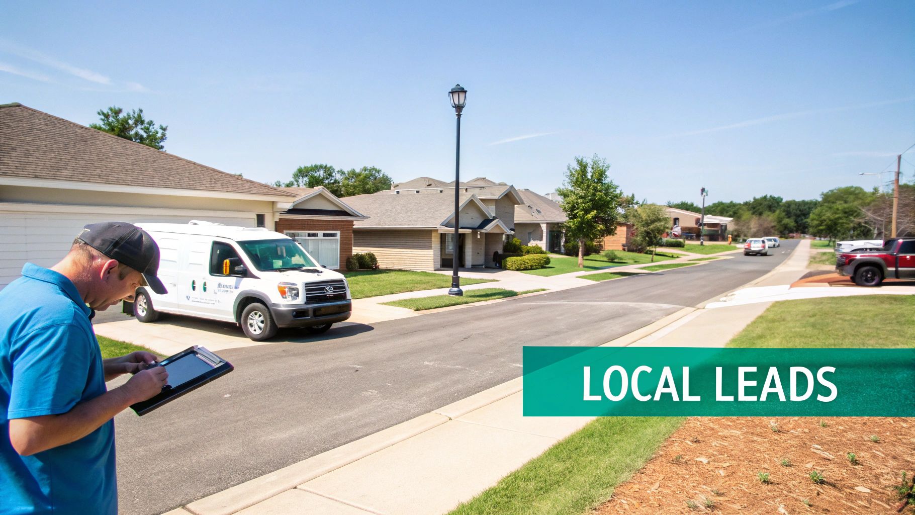 A service technician checks a tablet on a suburban street next to a white company van.