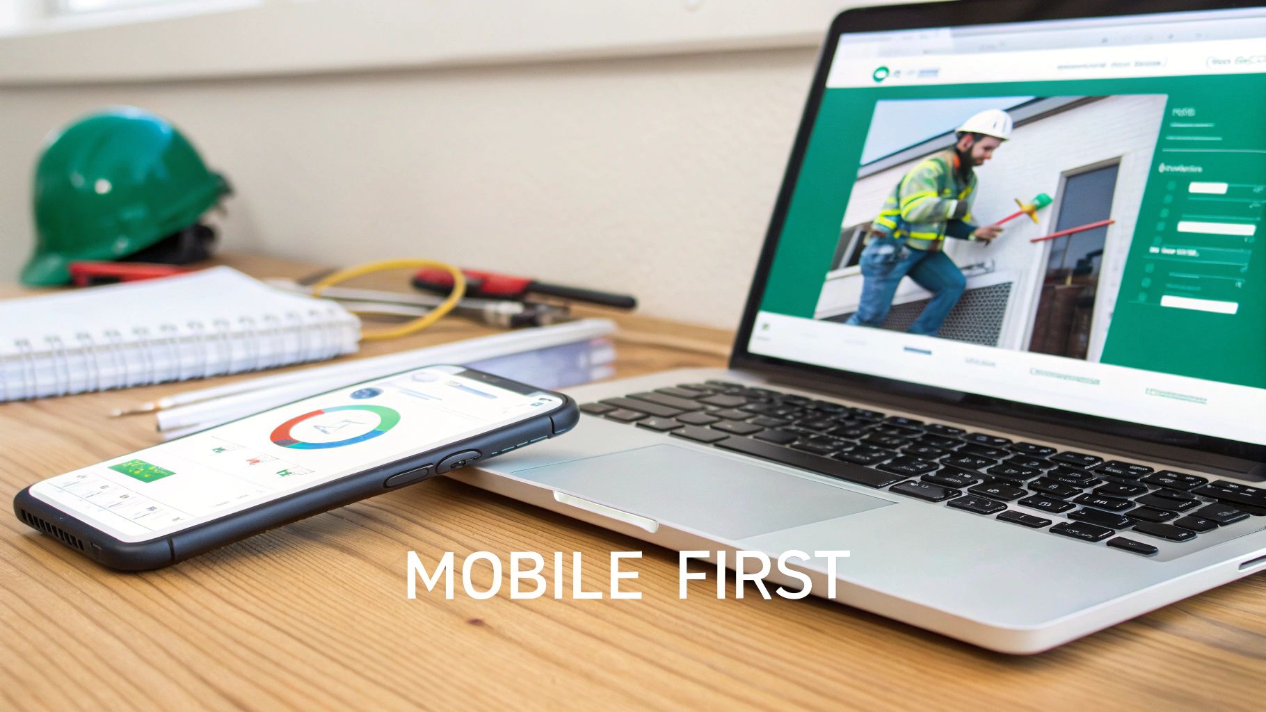 A desk with a laptop showing a construction worker on its screen and a smartphone with a progress chart, emphasizing a 'mobile first' web design approach.