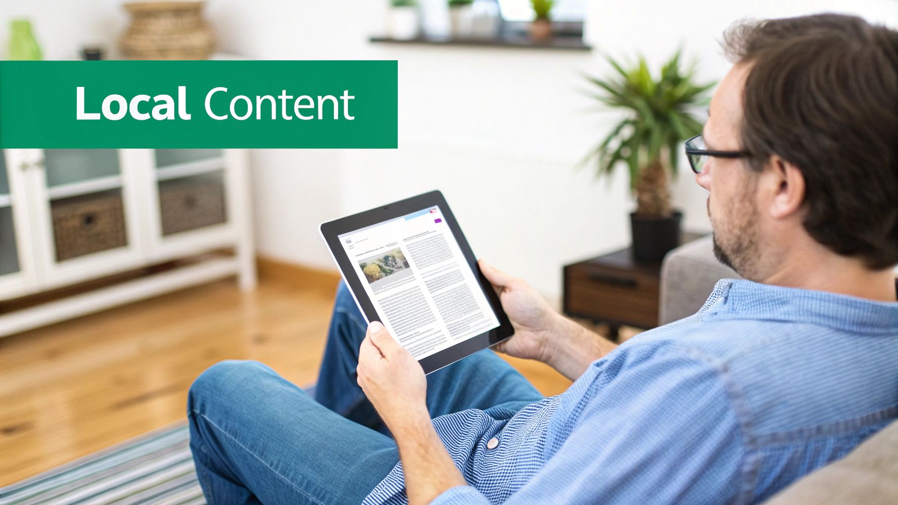 Man relaxing on a couch, reading 'local content' on a tablet in a modern living room setting.
