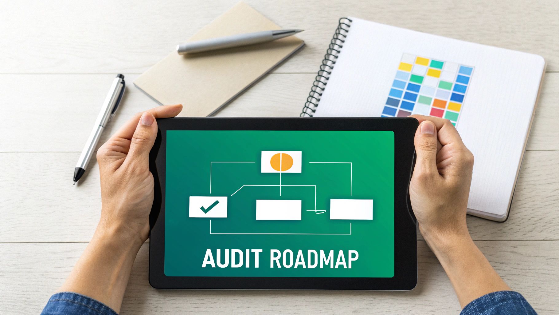 Hands holding a tablet displaying an 'audit roadmap' flowchart, with a pen and notebook nearby.