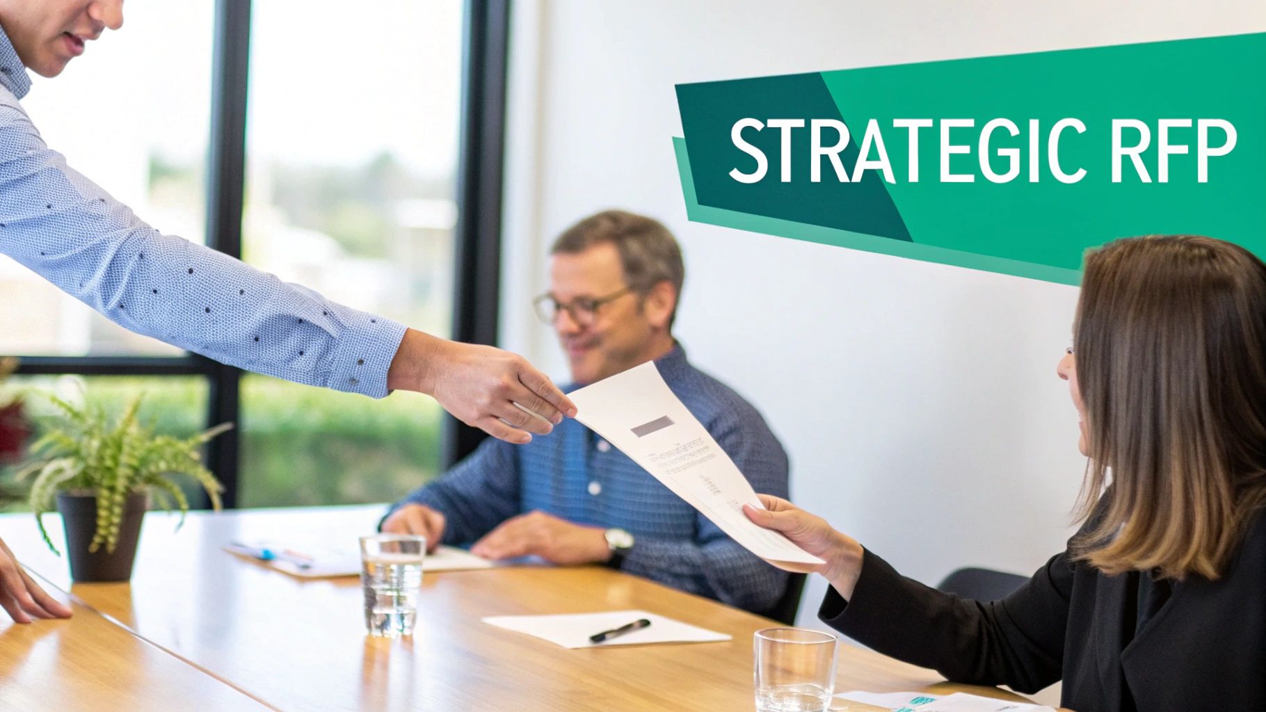Two business professionals exchange a document during a meeting, with a 'strategic rfp' banner visible.