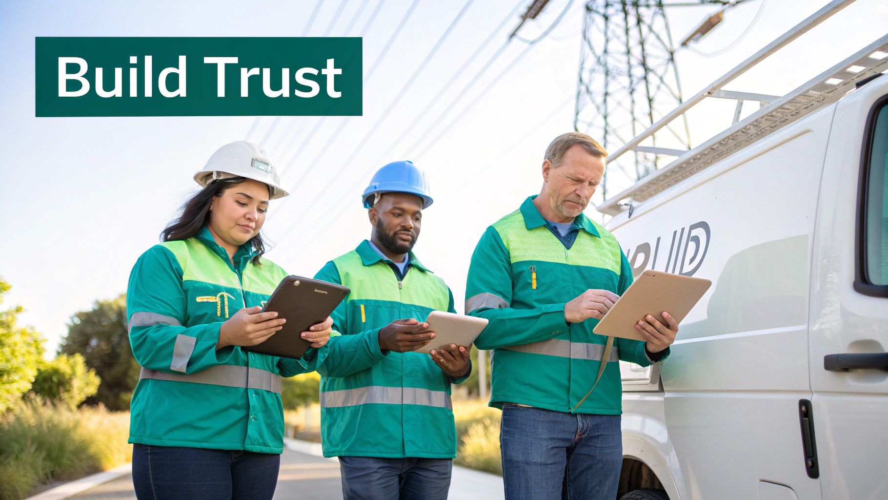 Three utility workers in hard hats and safety jackets reviewing data on tablets near a van.