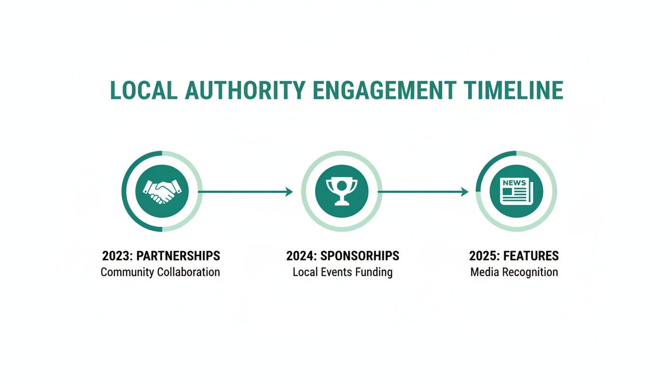 Timeline illustrating local authority engagement across 2023 partnerships, 2024 sponsorships, and 2025 features.