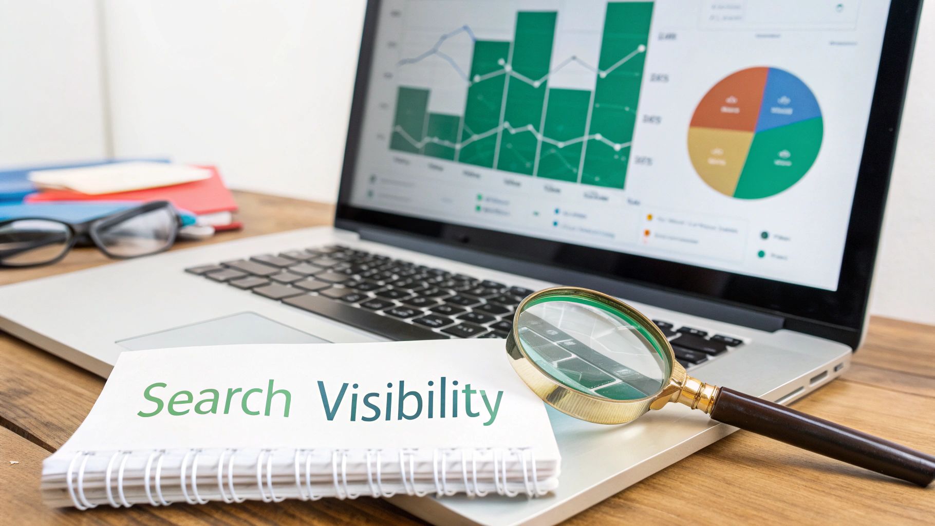 Close-up of a laptop displaying search visibility analytics with a notepad and magnifying glass.