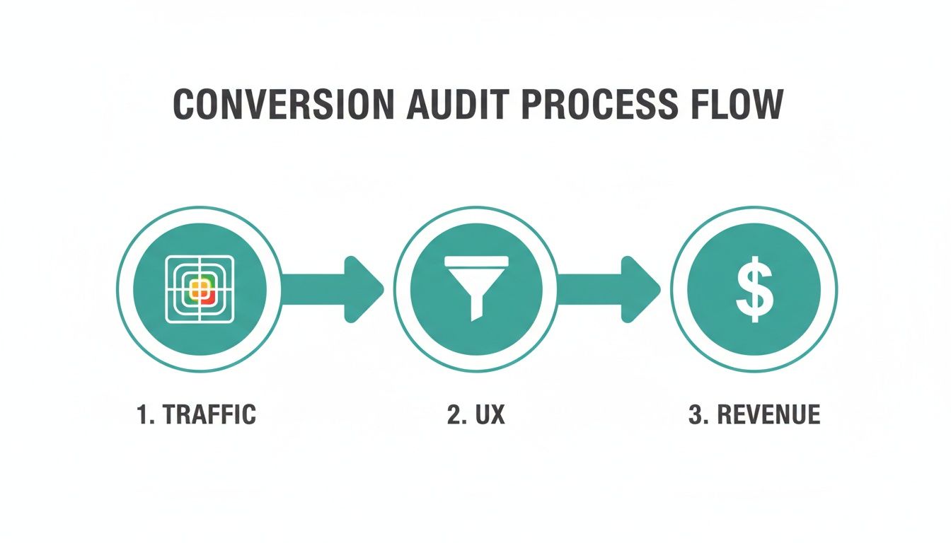 Infographic illustrating the digital marketing conversion audit process from traffic acquisition to revenue.