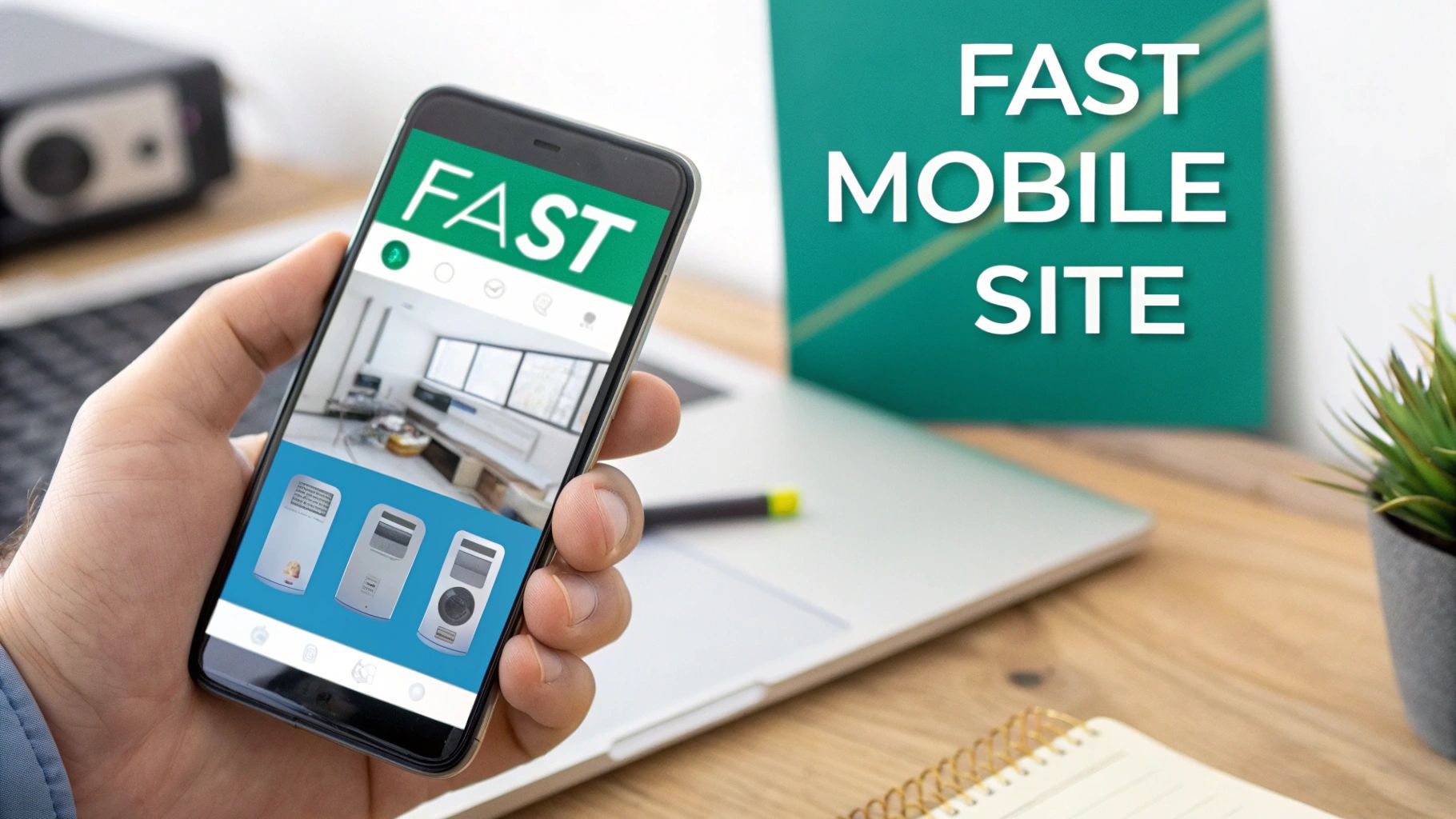 Hand holding a smartphone displaying a fast mobile website with hvac units, promoting fast loading.