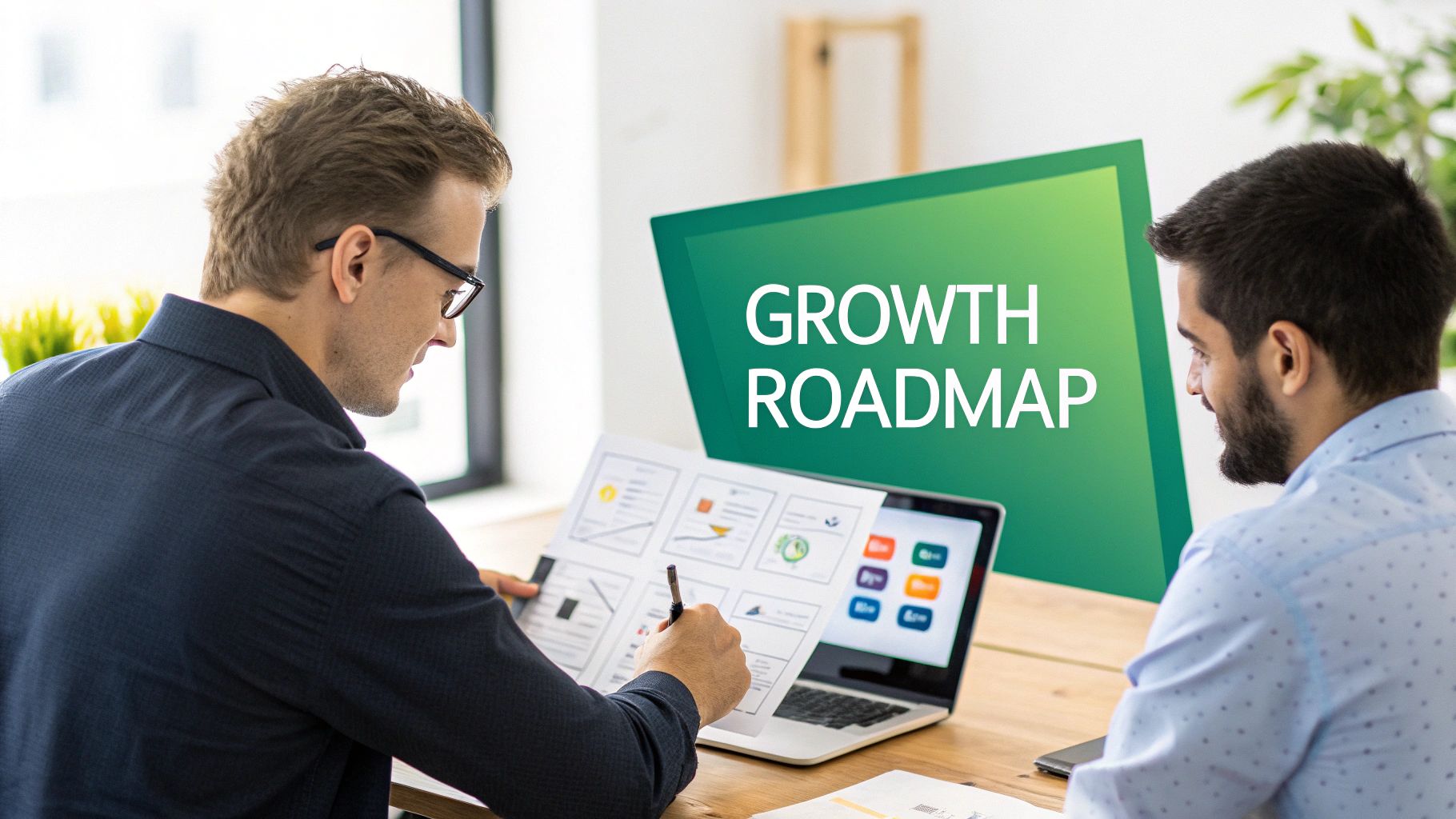 Two men collaborating on a growth roadmap strategy, one writing on a document while looking at a laptop.