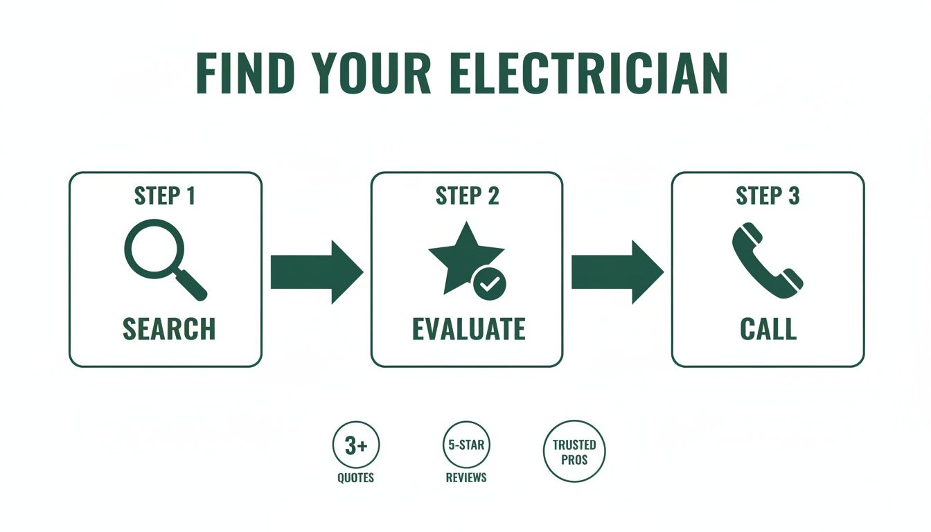 Process to find an electrician: search, evaluate, and call. Includes quotes, 5-star reviews, trusted pros.