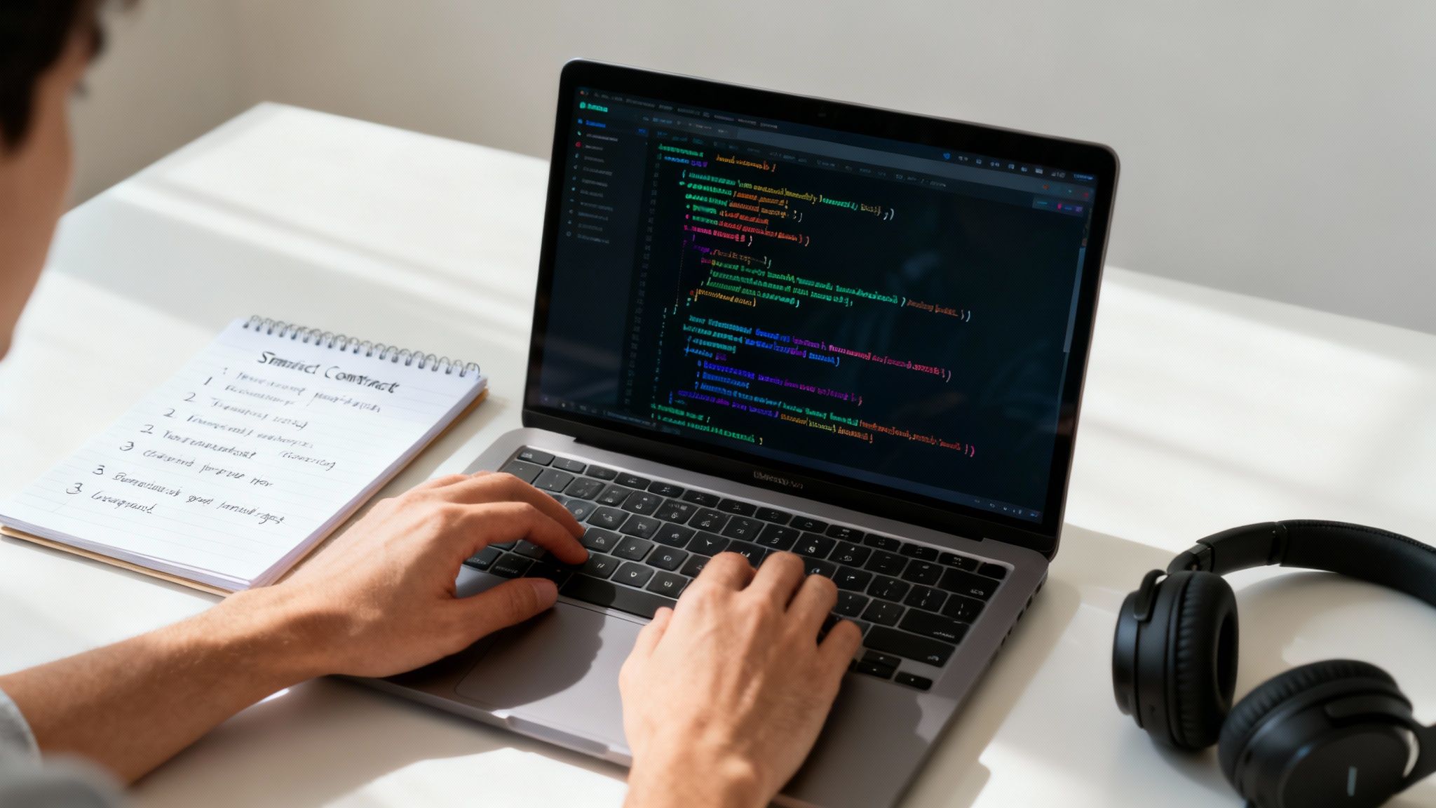 A person codes on a laptop, with a 'Smart Contract' notebook and headphones on a white desk.