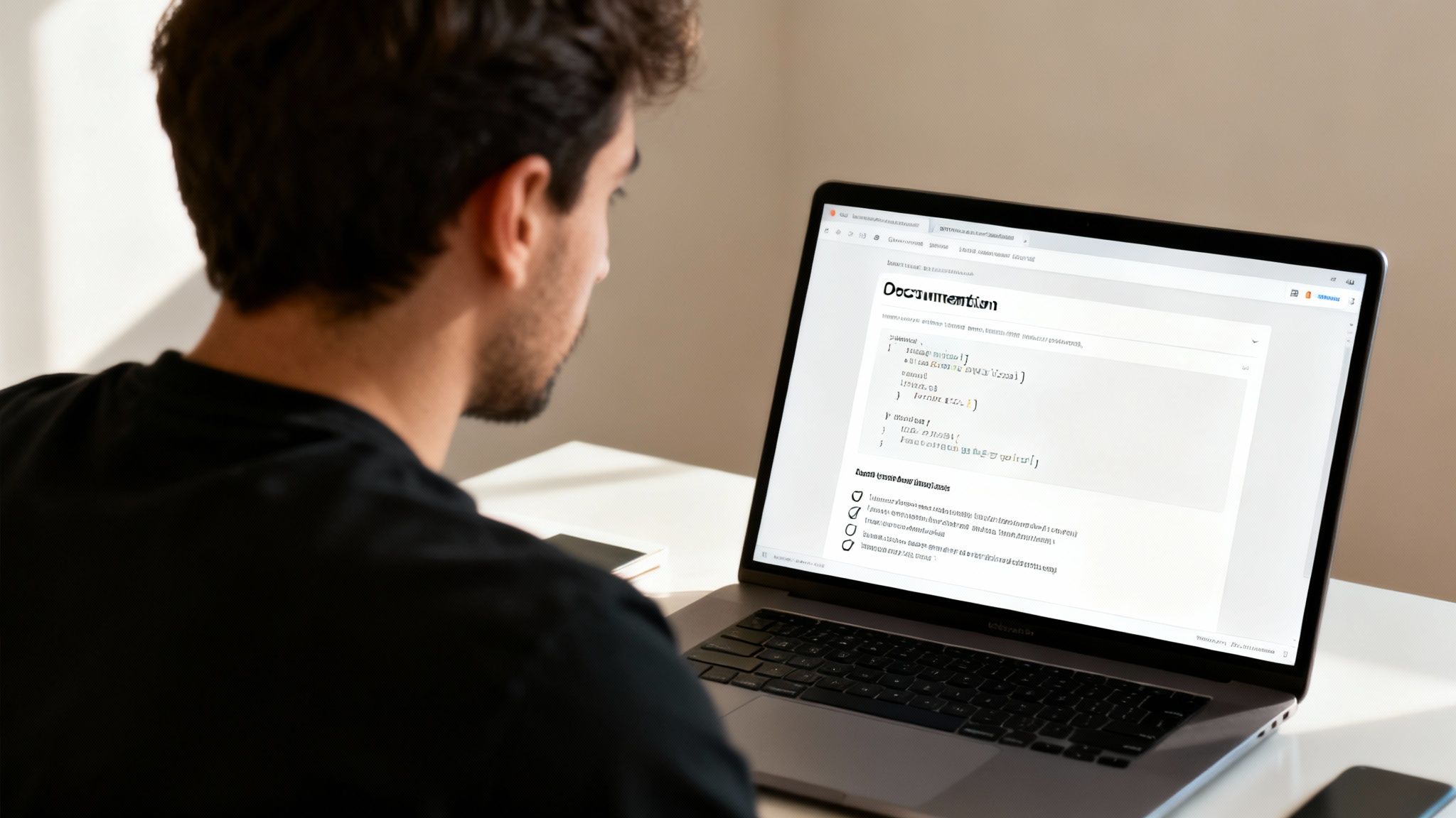 A person viewing technical documentation on a laptop, featuring code examples and instructional text.