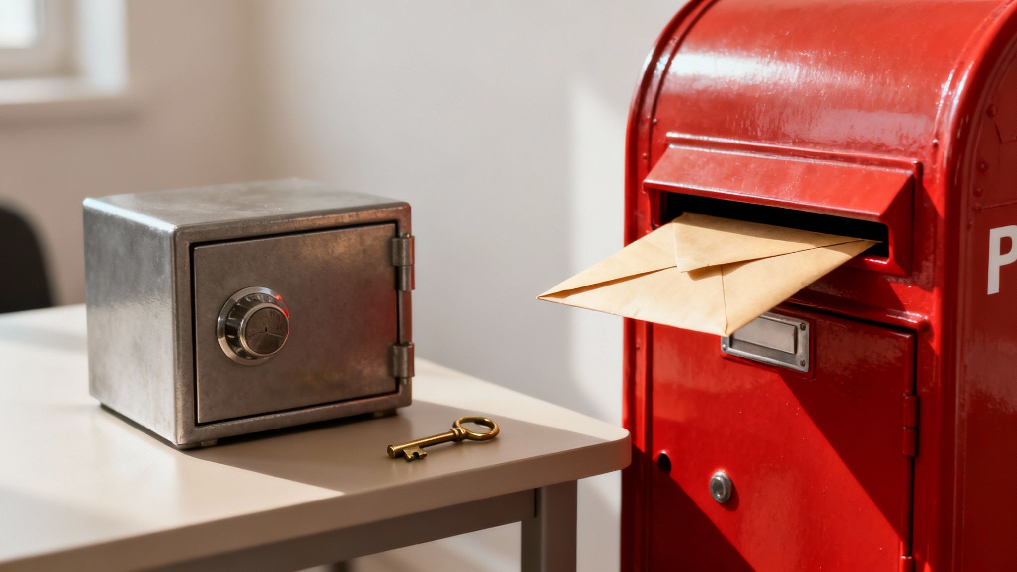 A small metal safe, a golden key, and a red mailbox with an envelope, symbolizing data security.