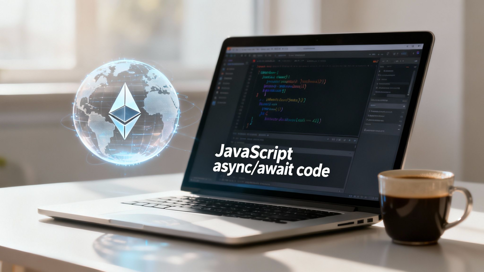 A laptop displaying JavaScript async/await code, a coffee cup, and a glowing Ethereum globe.
