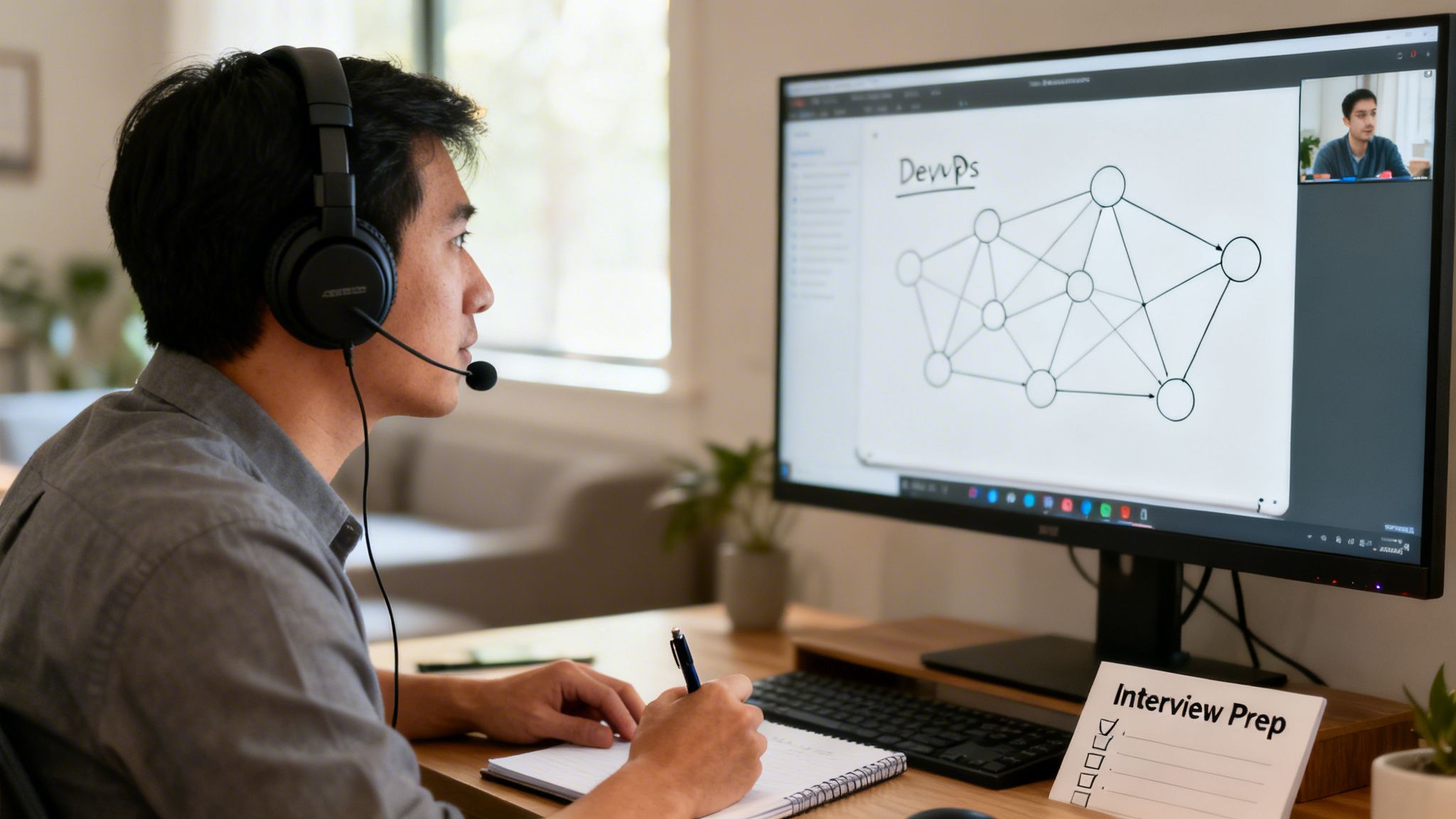 Man in headset studying DevOps on a monitor, taking notes for interview preparation.
