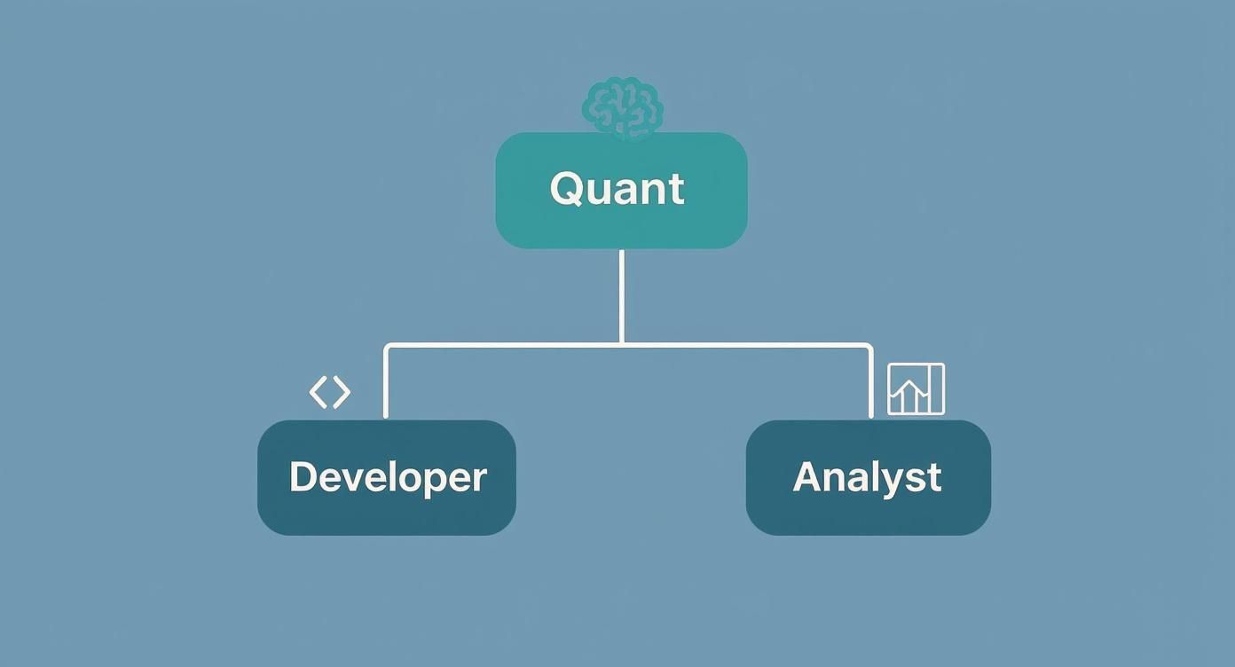 Organizational chart illustrating Quant role leading to Developer and Analyst positions.