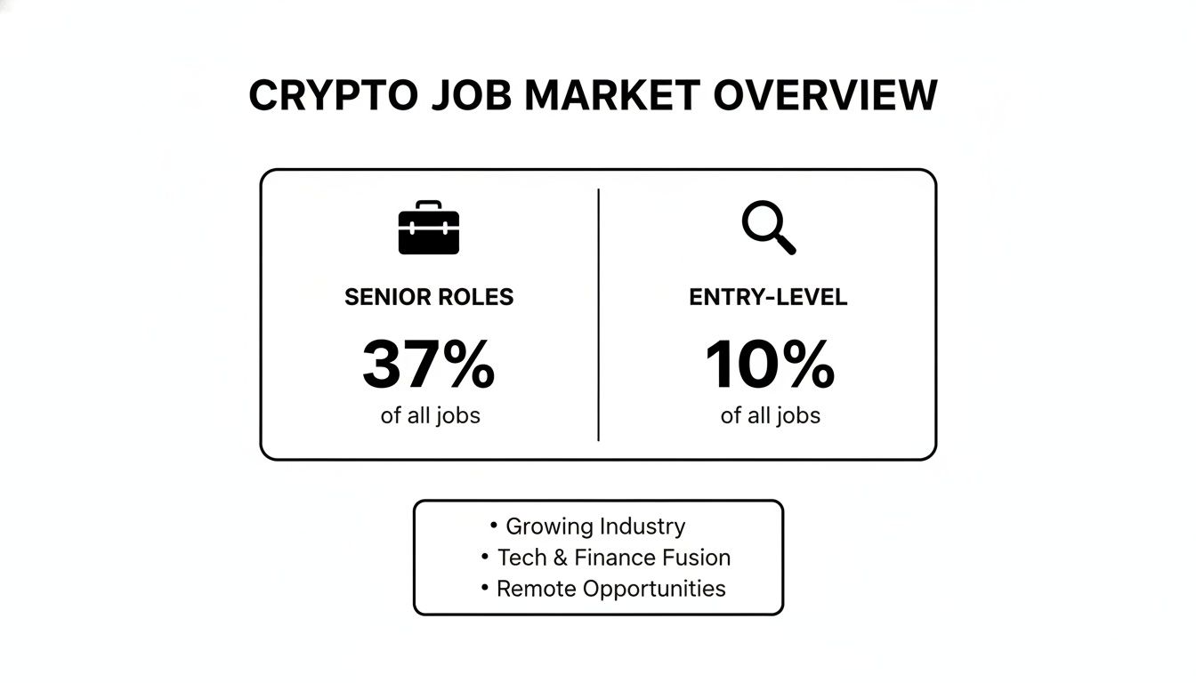 Crypto job market overview showing 37% senior roles, 10% entry-level, and industry trends.