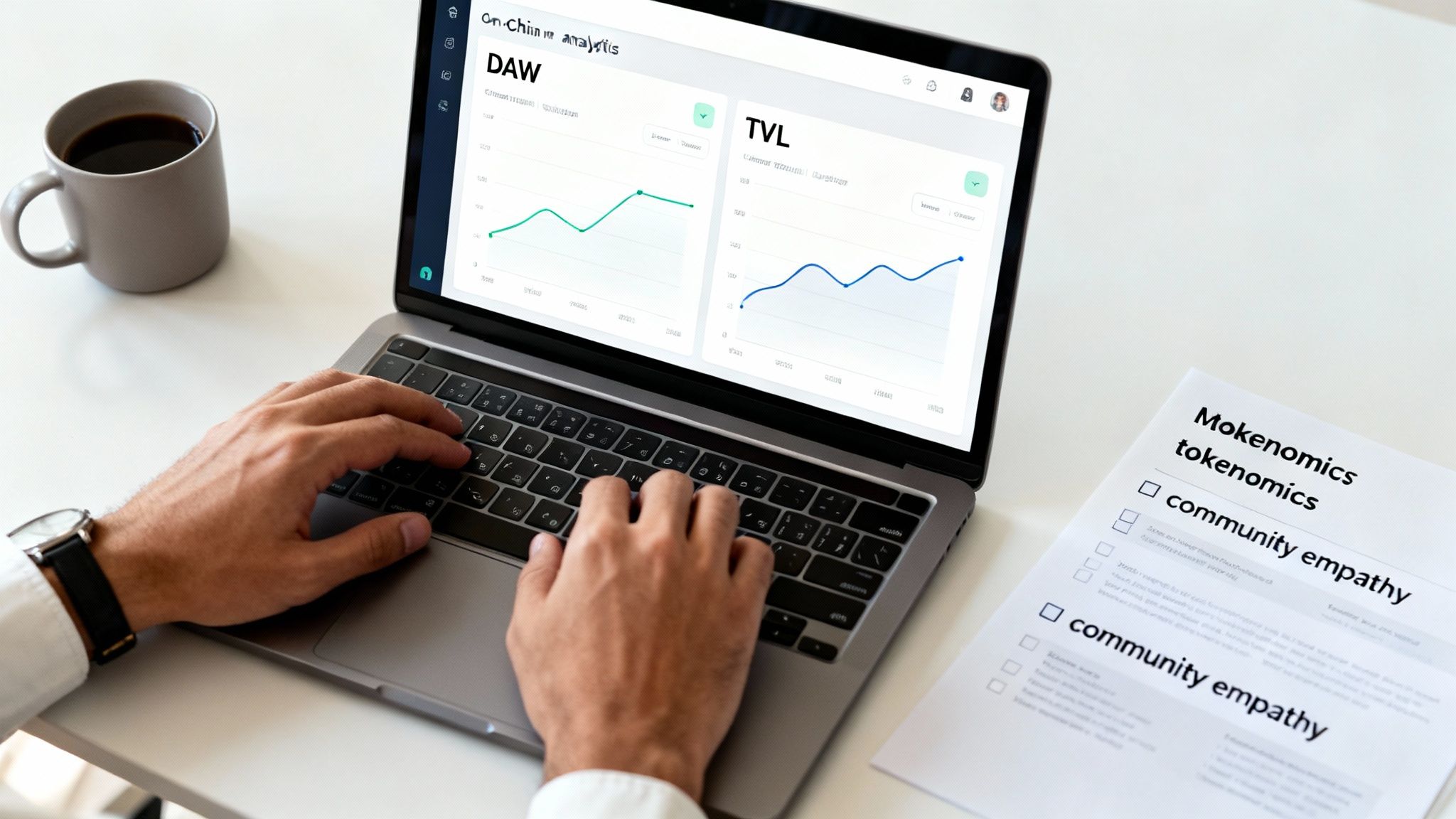 A person types on a laptop displaying crypto analytics dashboards, with a coffee mug and a 'tokenomics' document on the desk.