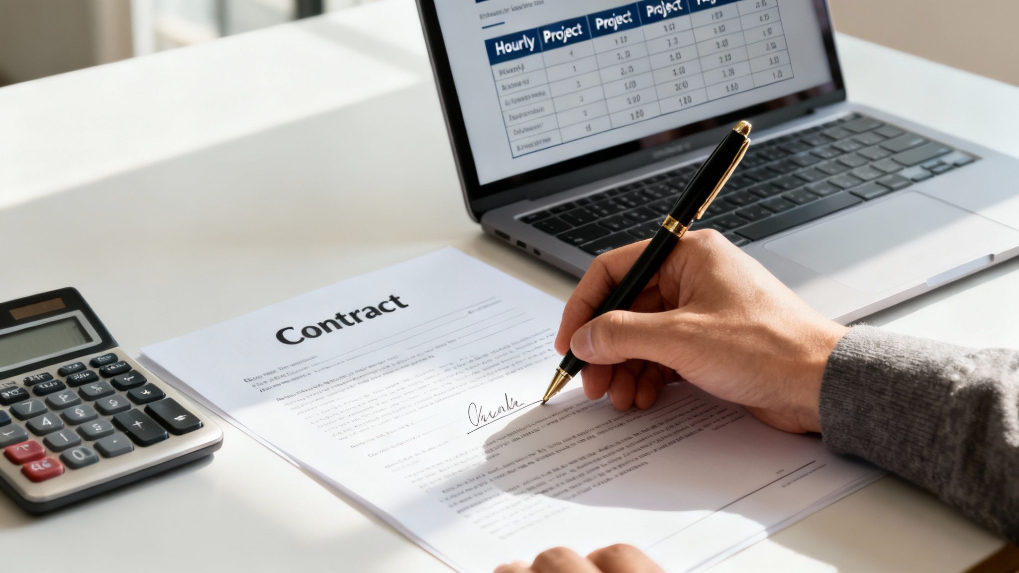 A person is signing a business contract on a white desk with a laptop and calculator.