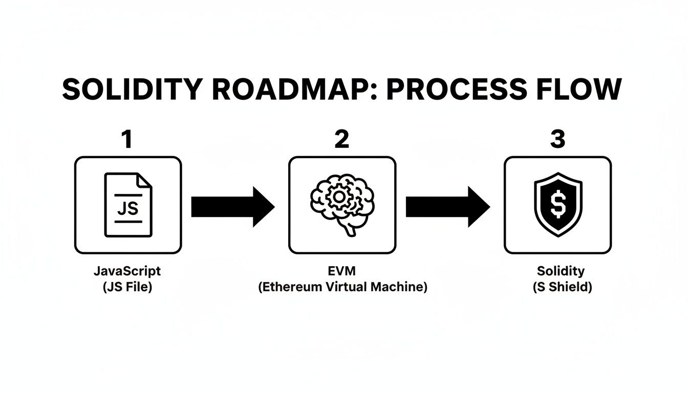 Solidity roadmap process flow diagram showing JavaScript file input, EVM processing, and Solidity output.