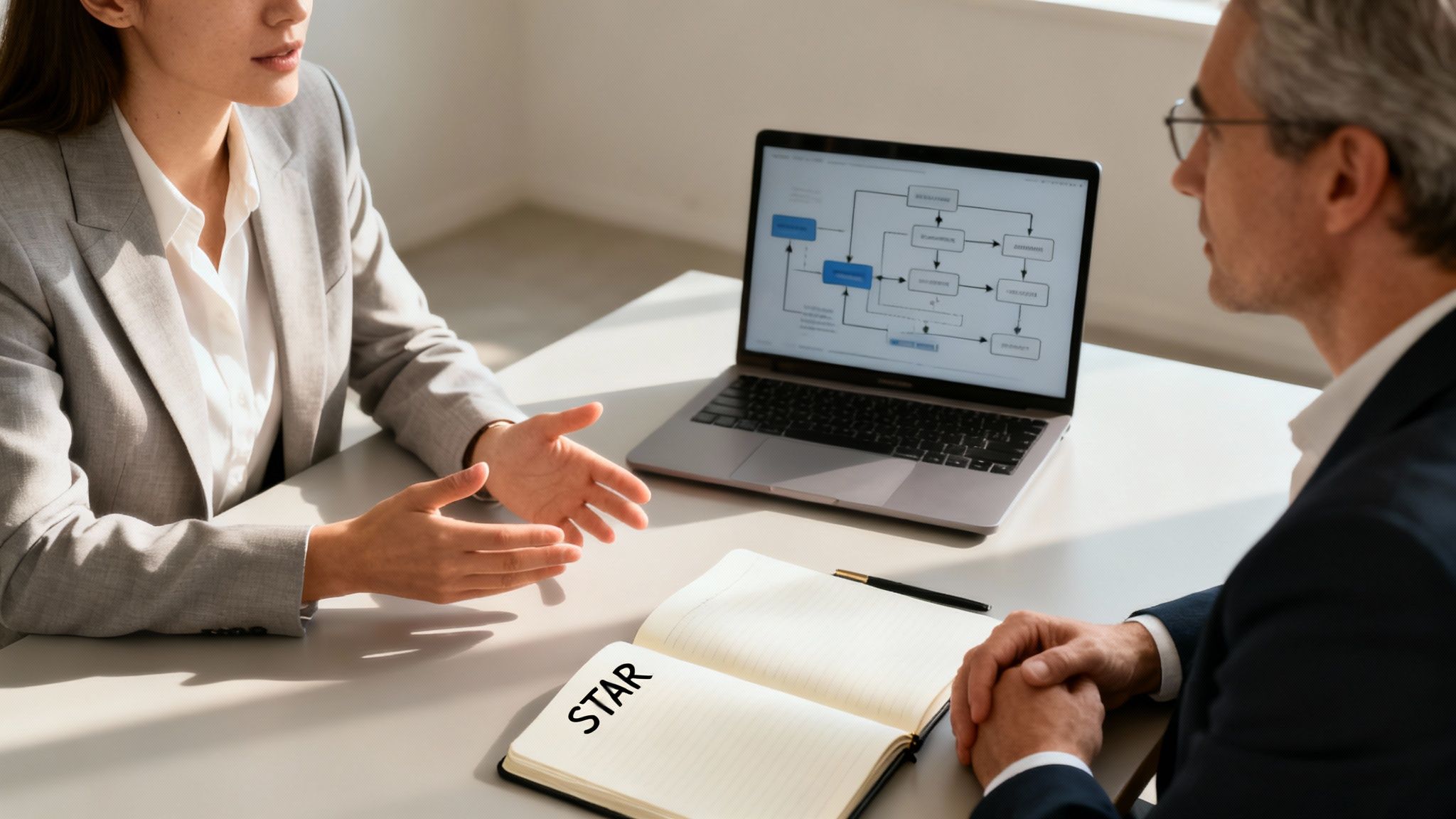 Two professionals discuss, a laptop displays a flowchart, and a notebook has 'STAR' written on it.