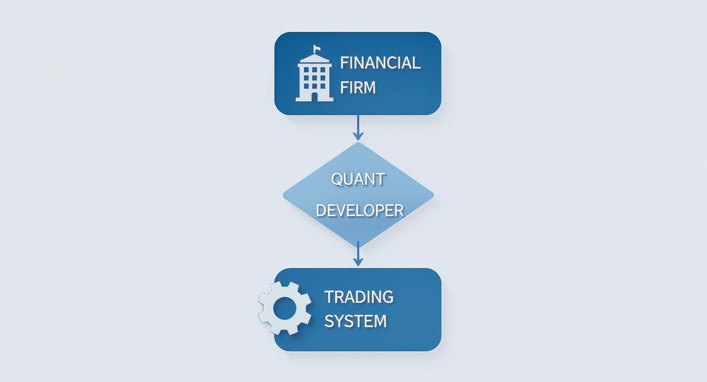 Flowchart showing quantitative developer career path from financial firm to trading system development