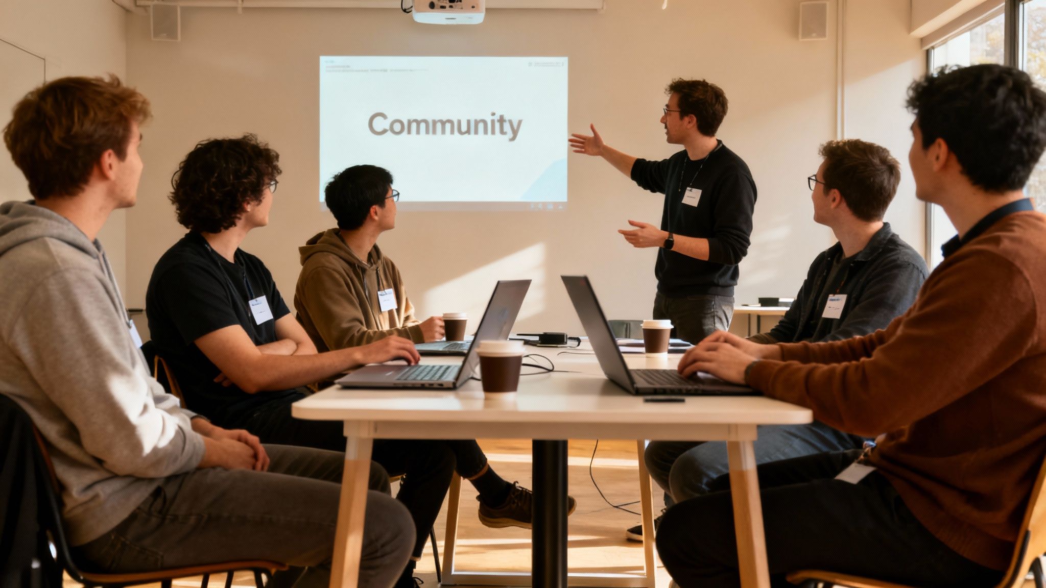Young men attend a programming community presentation with laptops and coffee cups.