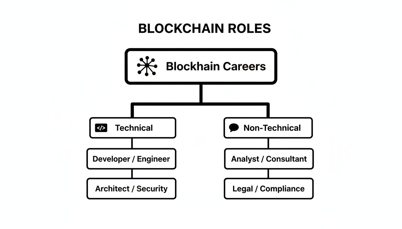 A flowchart illustrating blockchain career roles, categorized into technical (developer, architect) and non-technical (analyst, legal) paths.