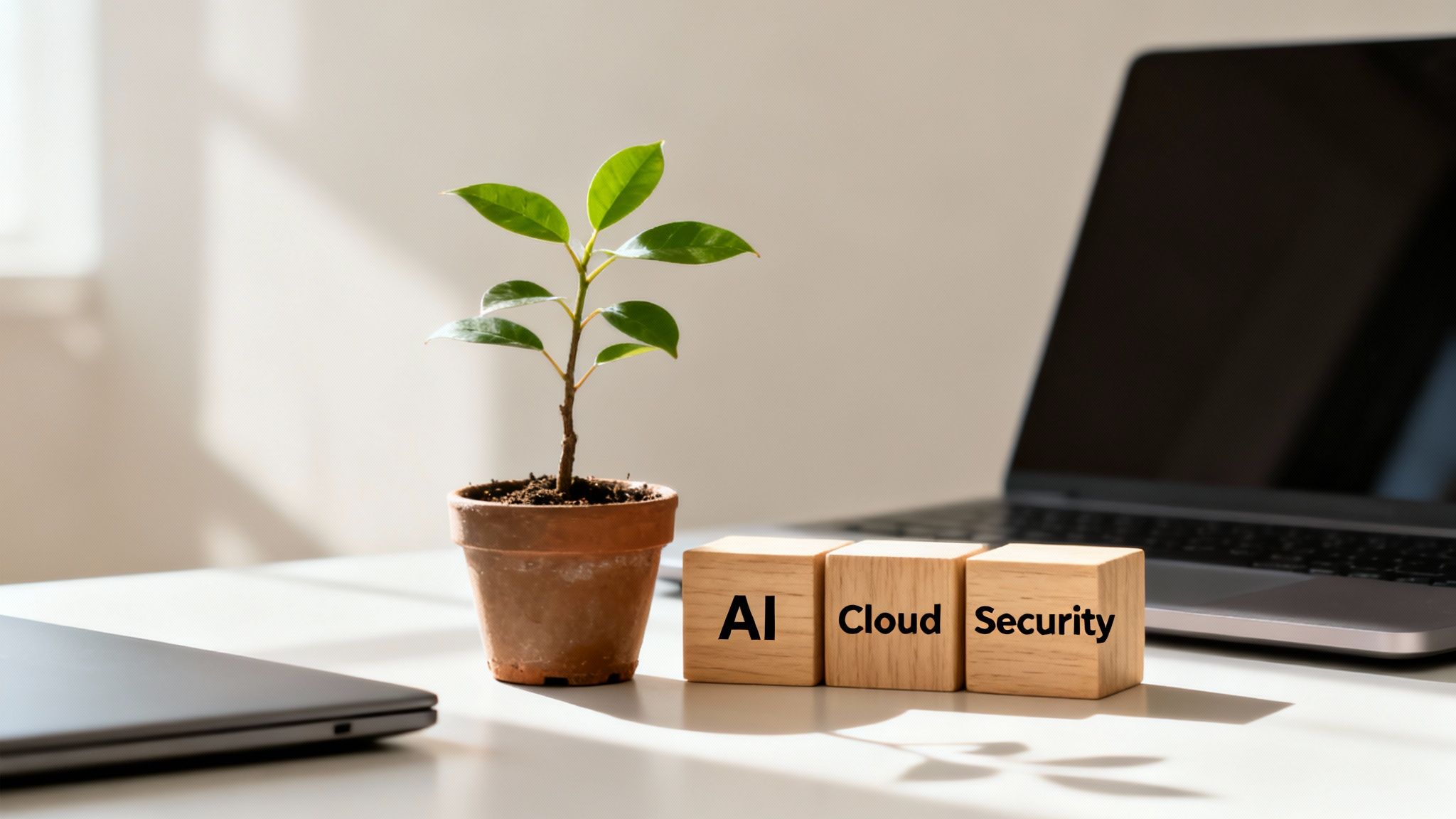 Potted plant on a white desk next to wooden blocks spelling 'AI Cloud Security', with a laptop.